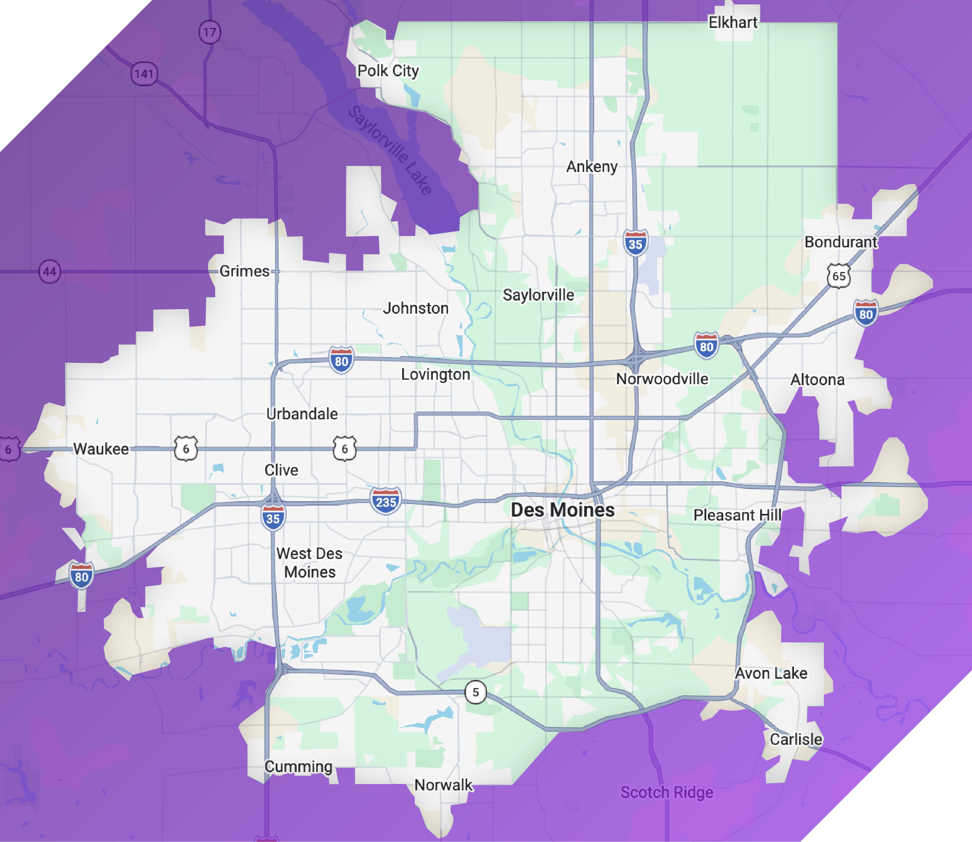 Obsidian Heating and Cooling service area map covering Greater Des Moines